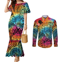 Beauty and The Warrior Polynesian Valentine Couples Matching Mermaid Dress and Long Sleeve Button Shirt Hibiscus FLowers Rainbow Style LT9 Rainbow - Polynesian Pride