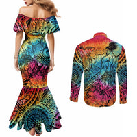 Beauty and The Warrior Polynesian Valentine Couples Matching Mermaid Dress and Long Sleeve Button Shirt Hibiscus FLowers Rainbow Style LT9 - Polynesian Pride