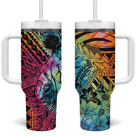 Beauty and The Warrior Polynesian Valentine Tumbler With Handle Hibiscus FLowers Rainbow Style LT9 One Size: 40 oz Art - Polynesian Pride