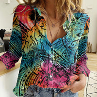 Beauty and The Warrior Polynesian Valentine Women Casual Shirt Hibiscus FLowers Rainbow Style LT9 Female Rainbow - Polynesian Pride