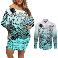 Beauty and The Warrior Polynesian Valentine Couples Matching Off Shoulder Short Dress and Long Sleeve Button Shirt Hibiscus FLowers Turquoise Style LT9 Turquoise - Polynesian Pride