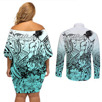 Beauty and The Warrior Polynesian Valentine Couples Matching Off Shoulder Short Dress and Long Sleeve Button Shirt Hibiscus FLowers Turquoise Style LT9 - Polynesian Pride