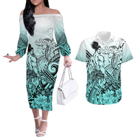 Beauty and The Warrior Polynesian Valentine Couples Matching Off The Shoulder Long Sleeve Dress and Hawaiian Shirt Hibiscus FLowers Turquoise Style LT9 Turquoise - Polynesian Pride