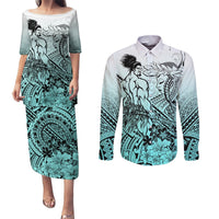 Beauty and The Warrior Polynesian Valentine Couples Matching Puletasi Dress and Long Sleeve Button Shirt Hibiscus FLowers Turquoise Style LT9 Turquoise - Polynesian Pride