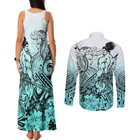 Beauty and The Warrior Polynesian Valentine Couples Matching Tank Maxi Dress and Long Sleeve Button Shirt Hibiscus FLowers Turquoise Style LT9 - Polynesian Pride