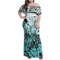 Beauty and The Warrior Polynesian Valentine Family Matching Off Shoulder Maxi Dress and Hawaiian Shirt Hibiscus FLowers Turquoise Style LT9 Mom's Dress Turquoise - Polynesian Pride