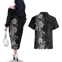 Hawaii Tropical Flowers Tribal Pattern Couples Matching Off The Shoulder Long Sleeve Dress and Hawaiian Shirt Black Style LT9 - Polynesian Pride
