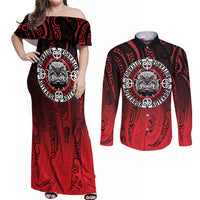 Aotearoa Bulldog Couples Matching Off Shoulder Maxi Dress and Long Sleeve Button Shirt New Zealand Kowhaiwhai Tribal