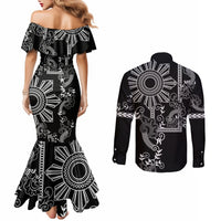 Filipino Sun Tribal Tattoo Couples Matching Mermaid Dress and Long Sleeve Button Shirt Philippines Inspired Barong Simple Black