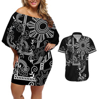 Filipino Sun Tribal Tattoo Couples Matching Off Shoulder Short Dress and Hawaiian Shirt Philippines Inspired Barong Simple Black LT9 Black - Polynesian Pride