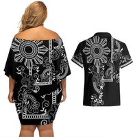 Filipino Sun Tribal Tattoo Couples Matching Off Shoulder Short Dress and Hawaiian Shirt Philippines Inspired Barong Simple Black LT9 - Polynesian Pride