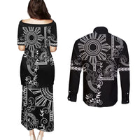 Filipino Sun Tribal Tattoo Couples Matching Puletasi and Long Sleeve Button Shirt Philippines Inspired Barong Simple Black