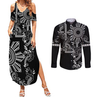 Filipino Sun Tribal Tattoo Couples Matching Summer Maxi Dress and Long Sleeve Button Shirt Philippines Inspired Barong Simple Black LT9 Black - Polynesian Pride
