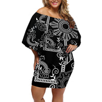 Filipino Sun Tribal Tattoo Off Shoulder Short Dress Philippines Inspired Barong Simple Black LT9 Women Black - Polynesian Pride