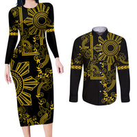 Filipino Sun Tribal Tattoo Couples Matching Long Sleeve Bodycon Dress and Long Sleeve Button Shirt Philippines Inspired Barong Simple Gold