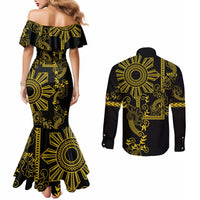 Filipino Sun Tribal Tattoo Couples Matching Mermaid Dress and Long Sleeve Button Shirt Philippines Inspired Barong Simple Gold