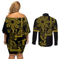 Filipino Sun Tribal Tattoo Couples Matching Off Shoulder Short Dress and Long Sleeve Button Shirt Philippines Inspired Barong Simple Gold LT9 - Polynesian Pride