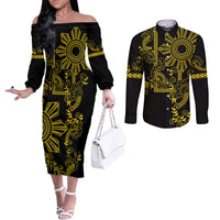 Filipino Sun Tribal Tattoo Couples Matching Off The Shoulder Long Sleeve Dress and Long Sleeve Button Shirt Philippines Inspired Barong Simple Gold