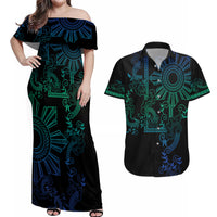 Filipino Sun Tribal Tattoo Couples Matching Off Shoulder Maxi Dress and Hawaiian Shirt Philippines Inspired Barong Blue Art