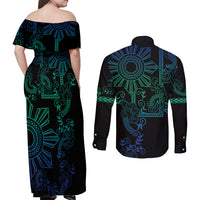 Filipino Sun Tribal Tattoo Couples Matching Off Shoulder Maxi Dress and Long Sleeve Button Shirt Philippines Inspired Barong Blue Art