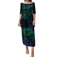 Filipino Sun Tribal Tattoo Puletasi Philippines Inspired Barong Blue Art LT9 Long Dress Blue - Polynesian Pride