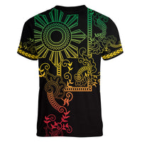 Filipino Sun Tribal Tattoo Women V-Neck T-Shirt Philippines Inspired Barong Reggae Art