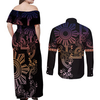 Filipino Sun Tribal Tattoo Couples Matching Off Shoulder Maxi Dress and Long Sleeve Button Shirt Philippines Inspired Barong Pink Art