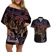 Filipino Sun Tribal Tattoo Couples Matching Off Shoulder Short Dress and Hawaiian Shirt Philippines Inspired Barong Pink Art LT9 Pink - Polynesian Pride