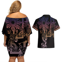 Filipino Sun Tribal Tattoo Couples Matching Off Shoulder Short Dress and Hawaiian Shirt Philippines Inspired Barong Pink Art LT9 - Polynesian Pride