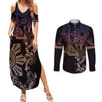 Filipino Sun Tribal Tattoo Couples Matching Summer Maxi Dress and Long Sleeve Button Shirt Philippines Inspired Barong Pink Art