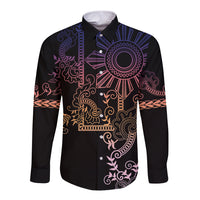 Filipino Sun Tribal Tattoo Long Sleeve Button Shirt Philippines Inspired Barong Pink Art