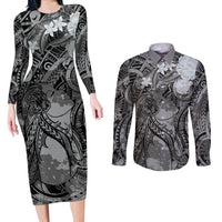 Pacific Beauty Girl Couples Matching Long Sleeve Bodycon Dress and Long Sleeve Button Shirt Black Polyneisan Tribal Vintage Motif