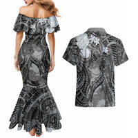 Pacific Beauty Girl Couples Matching Mermaid Dress and Hawaiian Shirt Black Polyneisan Tribal Vintage Motif