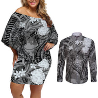 Pacific Beauty Girl Couples Matching Off Shoulder Short Dress and Long Sleeve Button Shirt Black Polyneisan Tribal Vintage Motif LT9 Black - Polynesian Pride