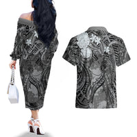 Pacific Beauty Girl Couples Matching Off The Shoulder Long Sleeve Dress and Hawaiian Shirt Black Polyneisan Tribal Vintage Motif