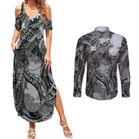 Pacific Beauty Girl Couples Matching Summer Maxi Dress and Long Sleeve Button Shirt Black Polyneisan Tribal Vintage Motif LT9 Black - Polynesian Pride