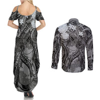 Pacific Beauty Girl Couples Matching Summer Maxi Dress and Long Sleeve Button Shirt Black Polyneisan Tribal Vintage Motif LT9 - Polynesian Pride