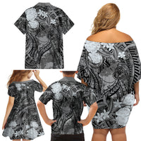 Pacific Beauty Girl Family Matching Off Shoulder Short Dress and Hawaiian Shirt Black Polyneisan Tribal Vintage Motif