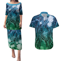 Pacific Beauty Girl Couples Matching Puletasi and Hawaiian Shirt Blue Polyneisan Tribal Vintage Motif LT9 Blue - Polynesian Pride