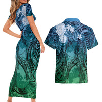 Pacific Beauty Girl Couples Matching Short Sleeve Bodycon Dress and Hawaiian Shirt Blue Polyneisan Tribal Vintage Motif