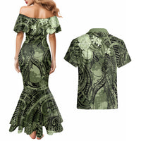 Pacific Beauty Girl Couples Matching Mermaid Dress and Hawaiian Shirt Green Polyneisan Tribal Vintage Motif