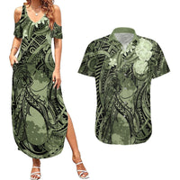 Pacific Beauty Girl Couples Matching Summer Maxi Dress and Hawaiian Shirt Green Polyneisan Tribal Vintage Motif LT9 Green - Polynesian Pride