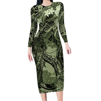 Pacific Beauty Girl Long Sleeve Bodycon Dress Green Polyneisan Tribal Vintage Motif