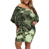 Pacific Beauty Girl Off Shoulder Short Dress Green Polyneisan Tribal Vintage Motif LT9 Women Green - Polynesian Pride