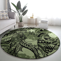 Pacific Beauty Girl Round Carpet Green Polyneisan Tribal Vintage Motif