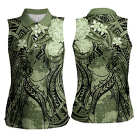 Pacific Beauty Girl Women Sleeveless Polo Shirt Green Polyneisan Tribal Vintage Motif