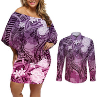Pacific Beauty Girl Couples Matching Off Shoulder Short Dress and Long Sleeve Button Shirt Pink Polyneisan Tribal Vintage Motif LT9 Pink - Polynesian Pride