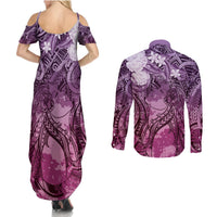 Pacific Beauty Girl Couples Matching Summer Maxi Dress and Long Sleeve Button Shirt Pink Polyneisan Tribal Vintage Motif