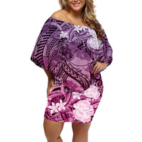 Pacific Beauty Girl Off Shoulder Short Dress Pink Polyneisan Tribal Vintage Motif LT9 Women Pink - Polynesian Pride