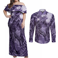 Pacific Beauty Girl Couples Matching Off Shoulder Maxi Dress and Long Sleeve Button Shirt Violet Polyneisan Tribal Vintage Motif
